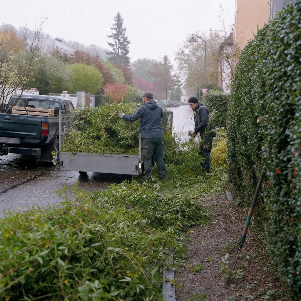 Gärtner laden Heckenschnitt auf einen Anhänger