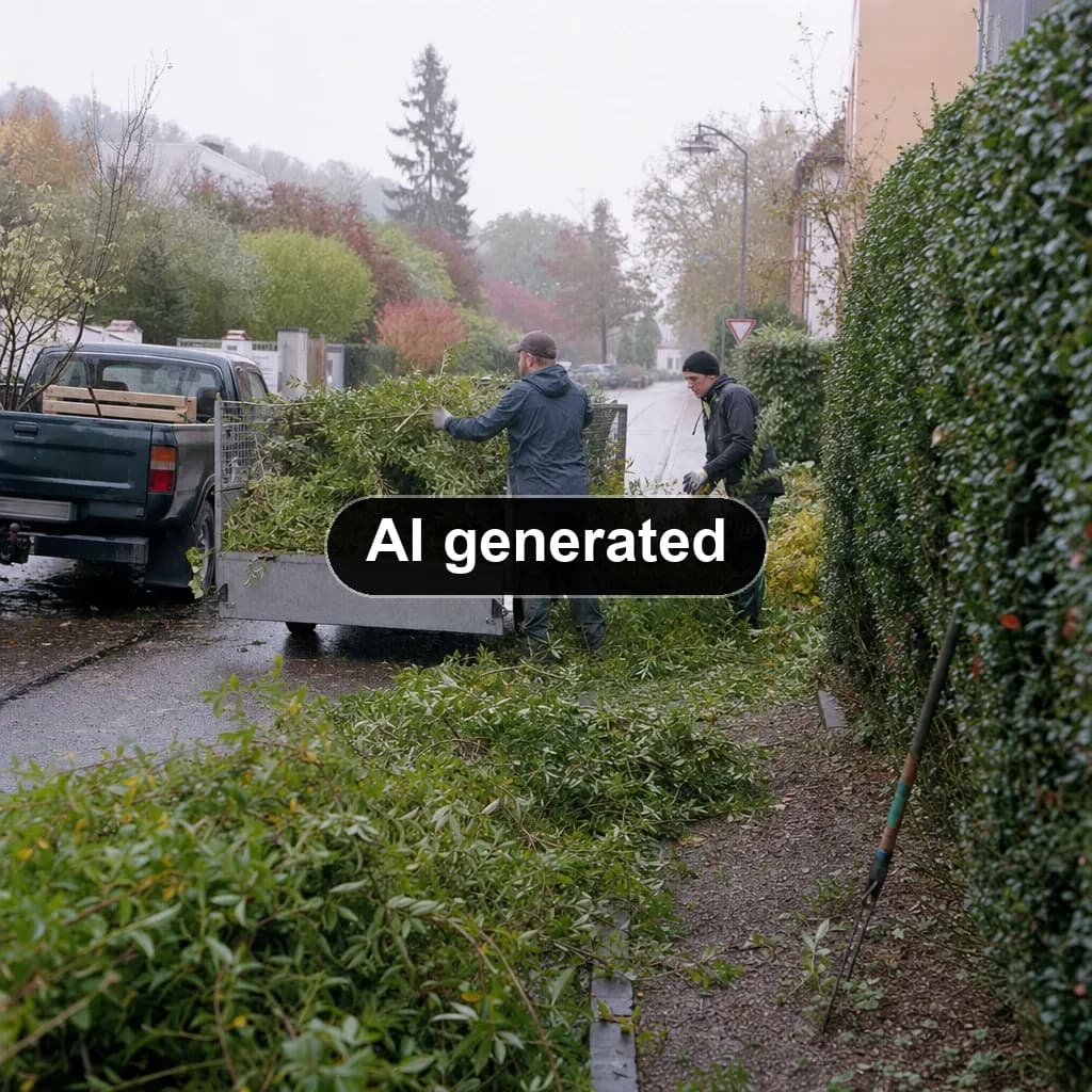 Gärtner laden Heckenschnitt auf einen Anhänger